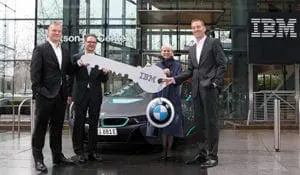 Harriet Green, Global Head of Watson IoT and Niklaus Waser, Head of Watson IoT Center in Munich present symbolic key to Marcus Raisch, Head of E-Mobility and Alexander Kraubitz, International Corporate Sales of BMW Harriet Green, Global Head of Watson IoT and Niklaus Waser, Head of Watson IoT Center in Munich present symbolic key to Marcus Raisch, Head of E-Mobility and Alexander Kraubitz, International Corporate Sales of BMW